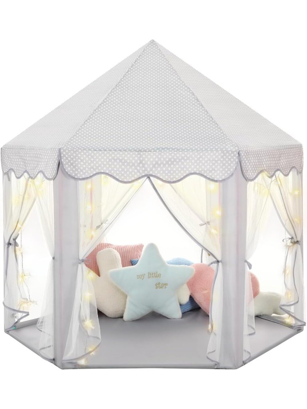 Kids Grey Castle Play Tent with Fairy Star Lights Toys Indoor or Outdoor Games